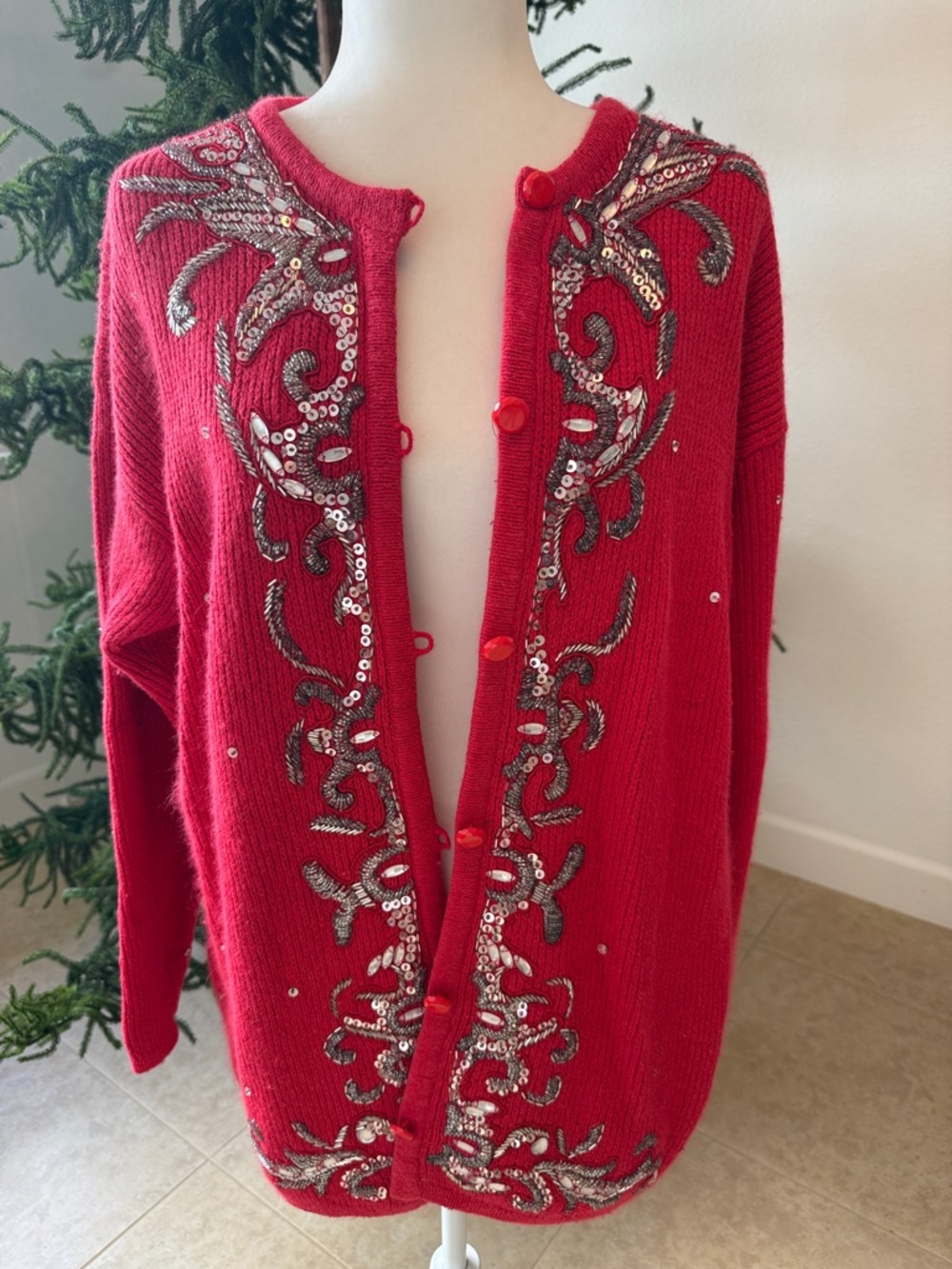 Red Sequined Embellished Women’s Cardigan Sweater